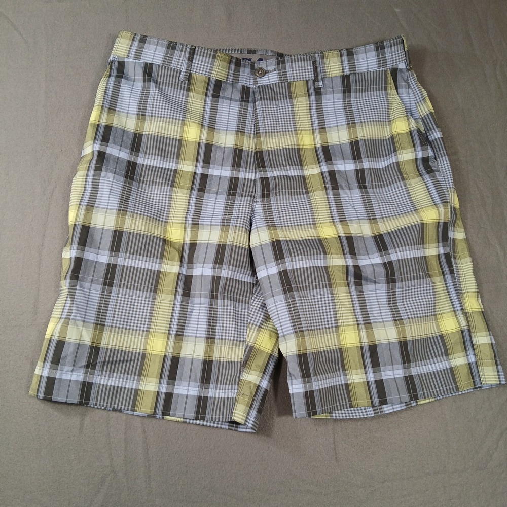 PGA Tour Golf Shorts Mens 36 Yellow Grey Plaid Flat Front Performance Stretch